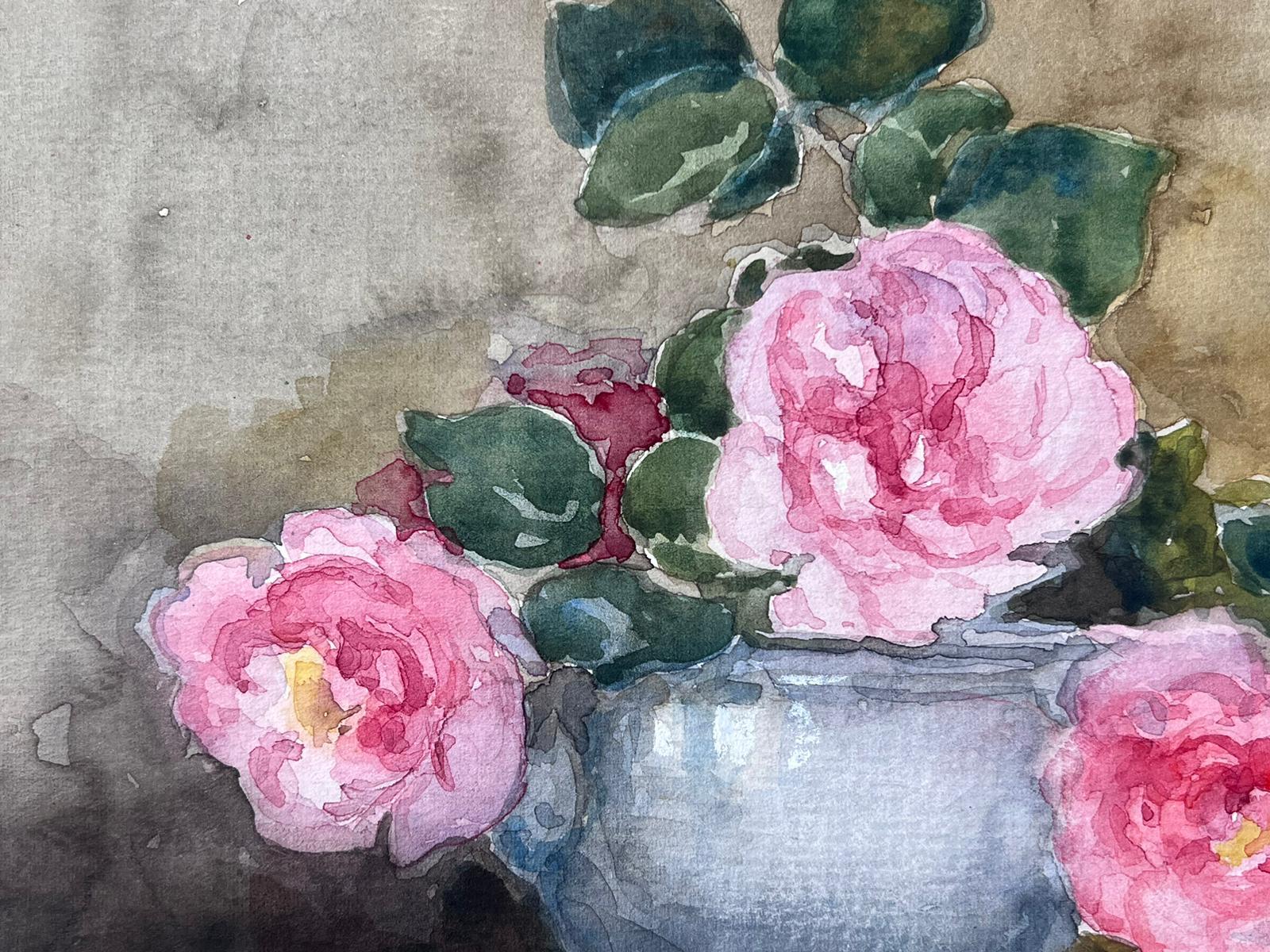 Bowl of Pink Roses Mid 20th Century French Post Impressionist Signed Painting For Sale 1
