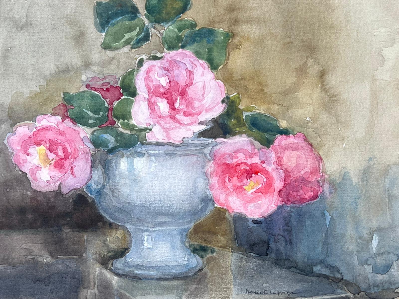 Bowl of Pink Roses Mid 20th Century French Post Impressionist Signed Painting For Sale 2