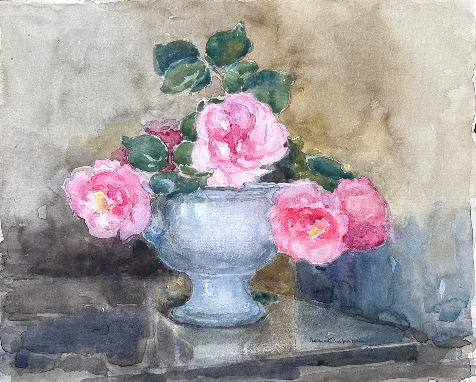 Schale mit rosa Rosen, signiertes französisches postimpressionistisches Gemälde, Mitte des 20. Jahrhunderts