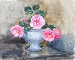 Bowl of Pink Roses Mid 20th Century French Post Impressionist Signed Painting