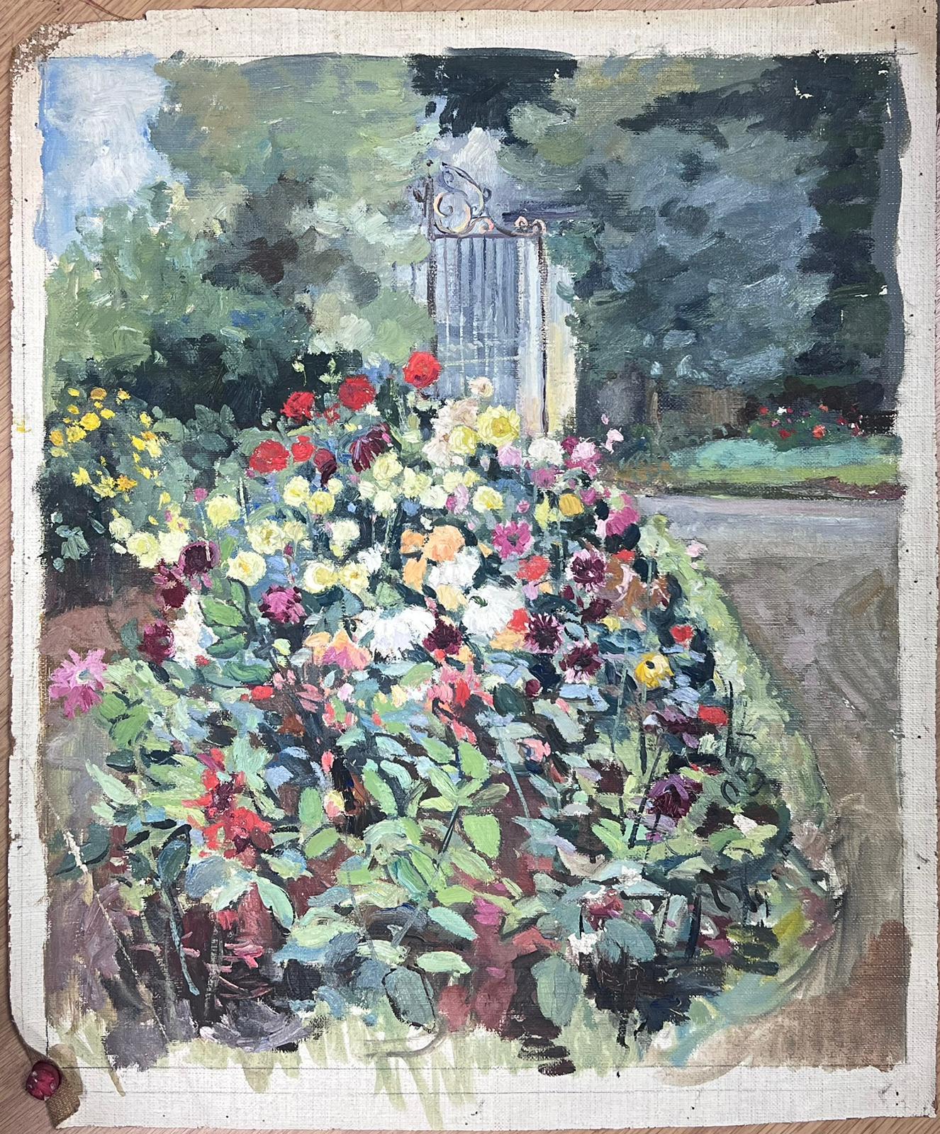Französisch-impressionistisches Ölgemälde, Chateau Park Blumen Gärten & Tore, Mitte des 20. Jahrhunderts  – Painting von Jean Laforgue