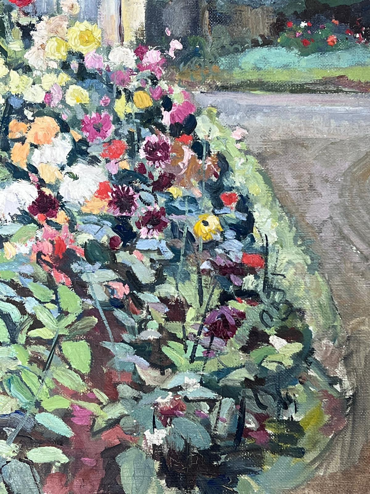 Französisch-impressionistisches Ölgemälde, Chateau Park Blumen Gärten & Tore, Mitte des 20. Jahrhunderts  im Angebot 1