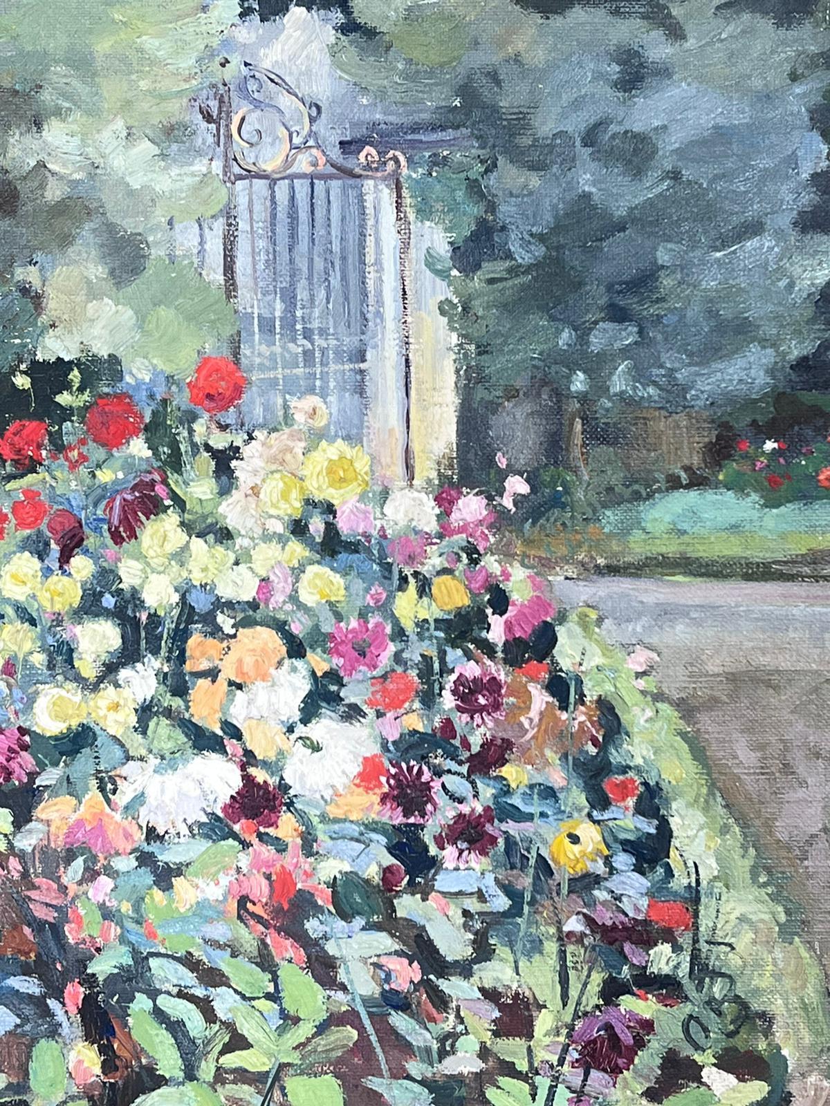 Französisch-impressionistisches Ölgemälde, Chateau Park Blumen Gärten & Tore, Mitte des 20. Jahrhunderts  im Angebot 2