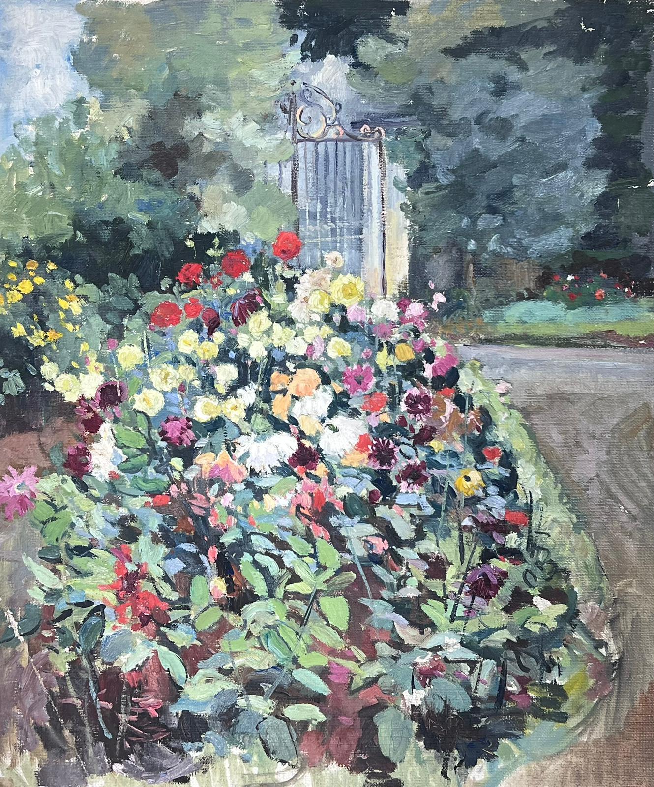 Landscape Painting Jean Laforgue - Chateau Park Flower Gardens & Gates Huile impressionniste française du milieu du 20e siècle 