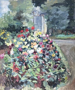 Französisch-impressionistisches Ölgemälde, Chateau Park Blumen Gärten & Tore, Mitte des 20. Jahrhunderts 