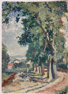 Figures marchant sur un chemin d'arbre signé, peinture à l'huile impressionniste française des années 1950