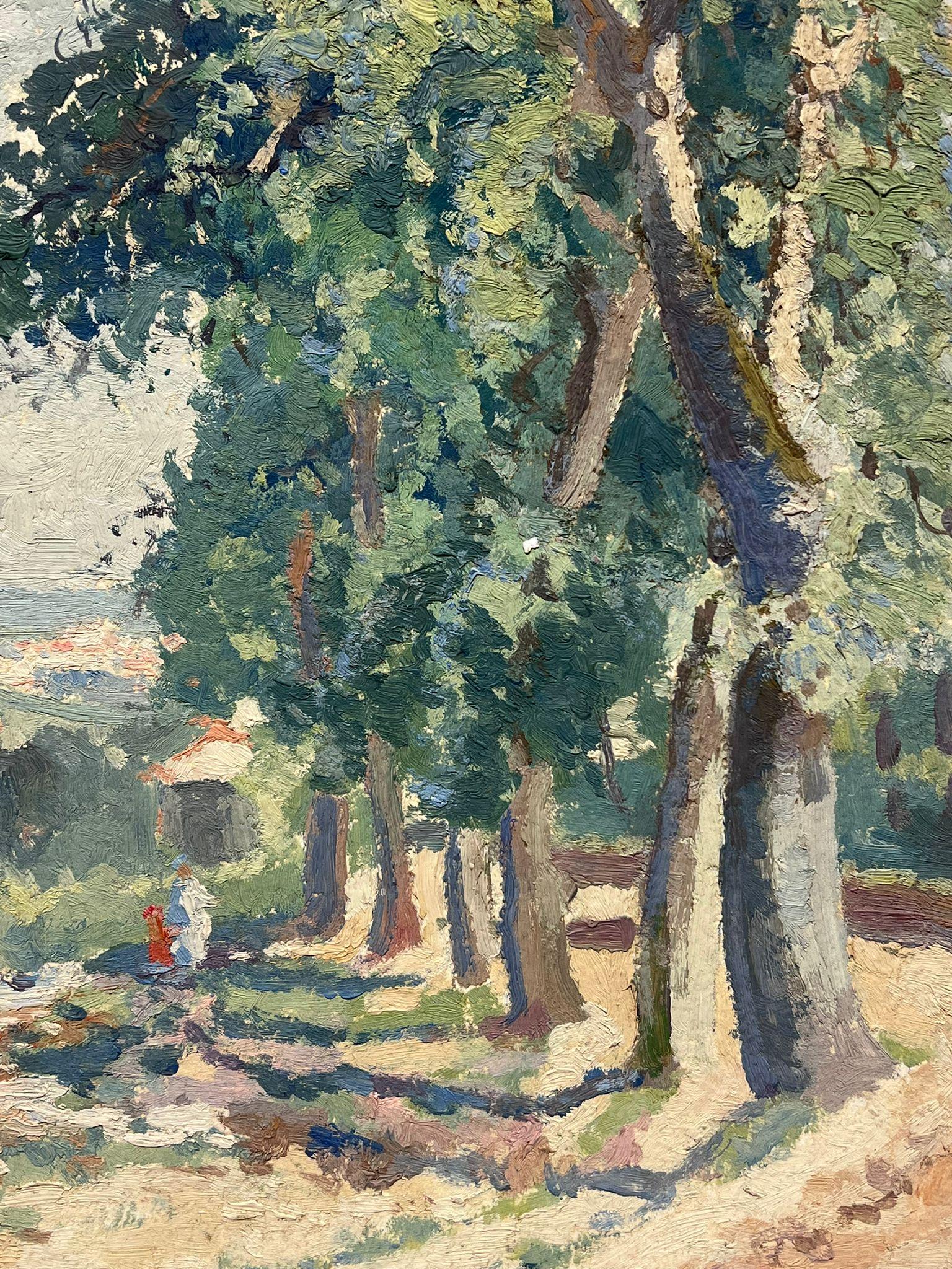 Figures Walking down Tree Path Signed French Impressionist 1950's Oil Painting  For Sale 1