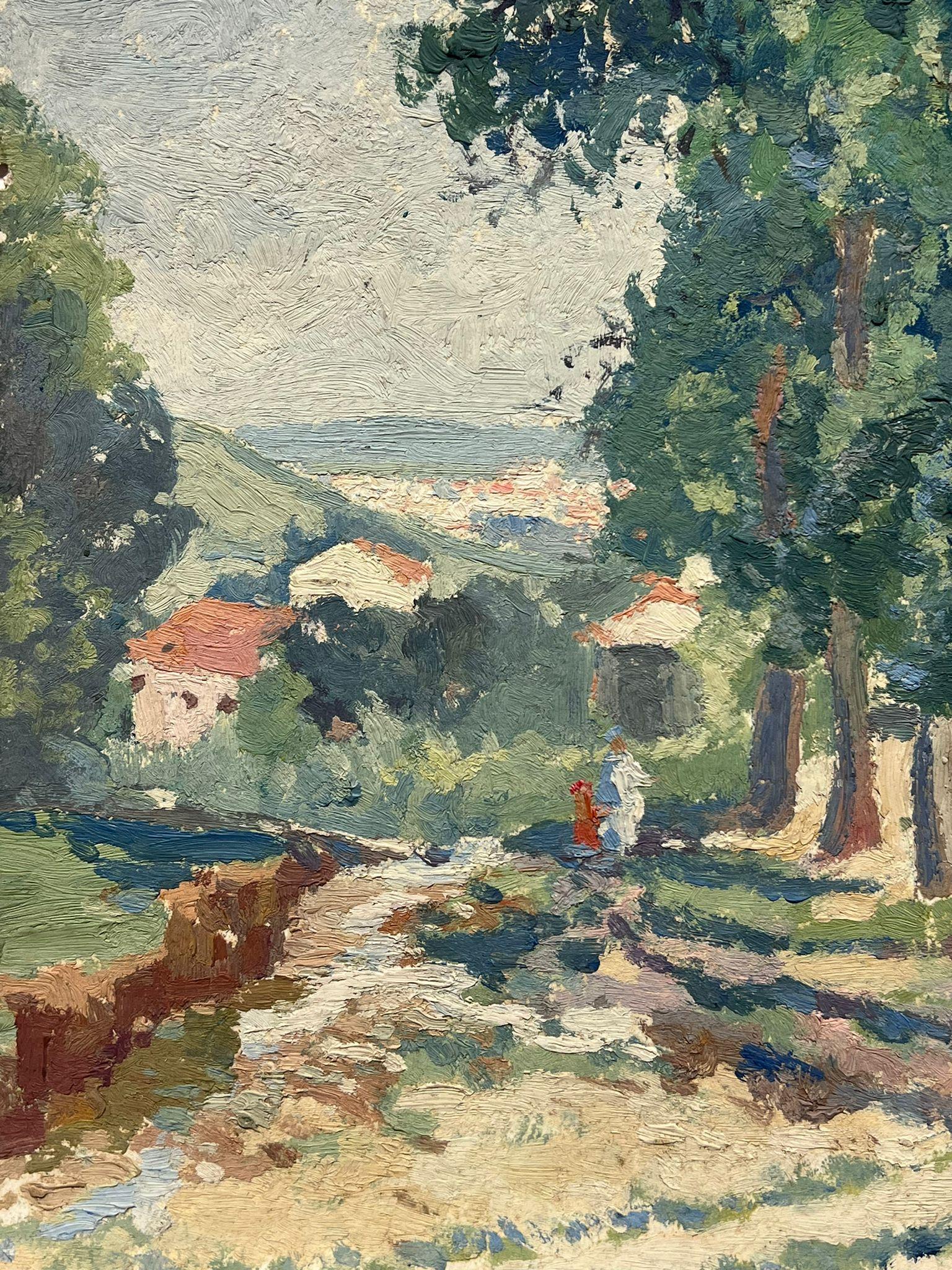 Figures marchant sur un chemin d'arbre signé, peinture à l'huile impressionniste française des années 1950  - Post-impressionnisme Painting par Jean Laforgue