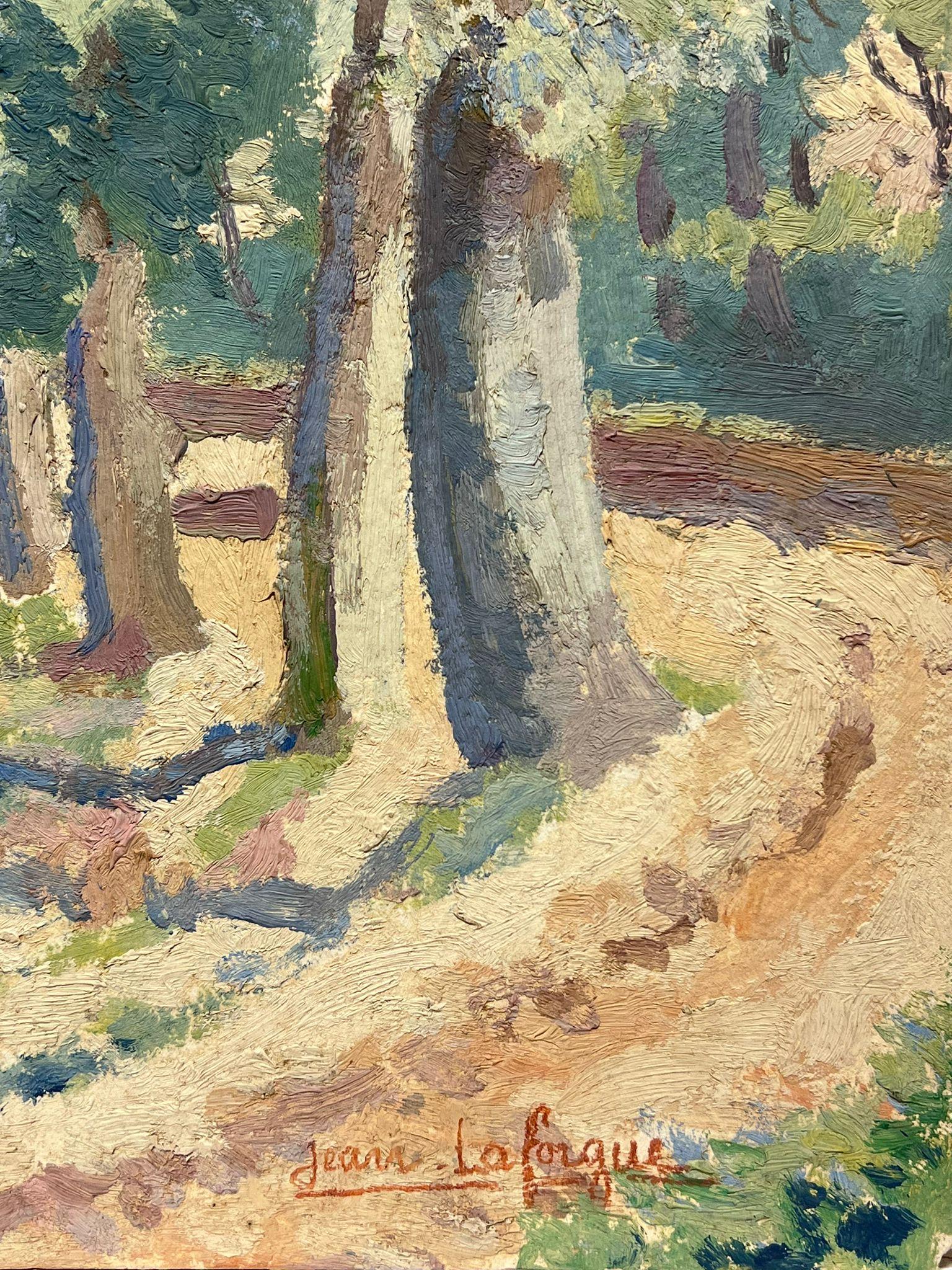 Figuren zu Fuß nach unten Baum Weg signiert Französisch Impressionist 1950's Ölgemälde  im Angebot 1