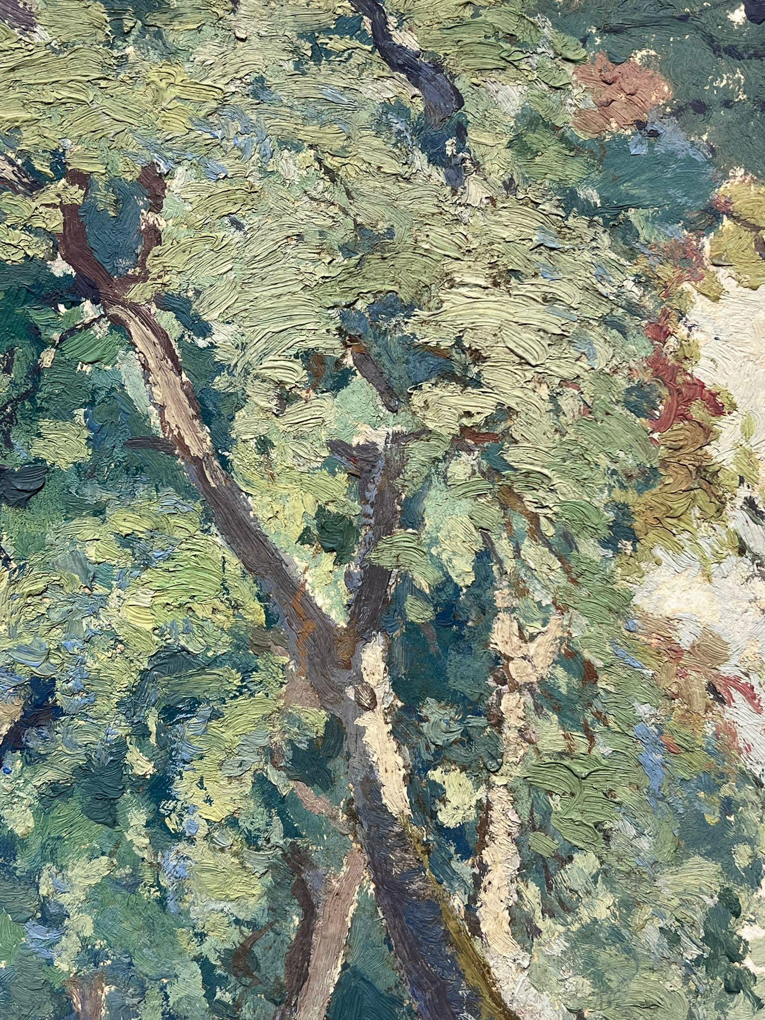 Figuren zu Fuß nach unten Baum Weg signiert Französisch Impressionist 1950's Ölgemälde  im Angebot 2