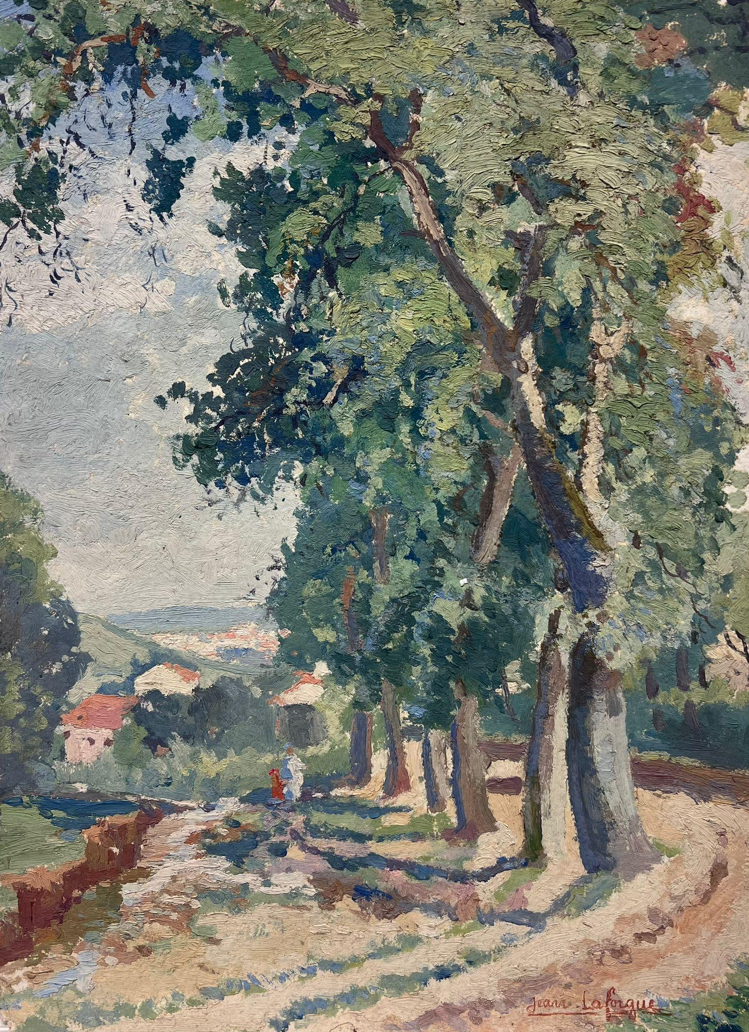 Figurative Painting Jean Laforgue - Figures marchant sur un chemin d'arbre signé, peinture à l'huile impressionniste française des années 1950 