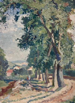 Figures marchant sur un chemin d'arbre signé, peinture à l'huile impressionniste française des années 1950 