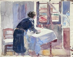 Femme repassant l'intérieur d'une cuisine Peinture impressionniste française du milieu du 20e siècle