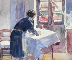 Lady Ironing Kitchen Interior Mid 20th Century French Impressionist Painting