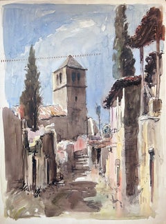 Peinture française du milieu du 20e siècle Clocher dans un village français