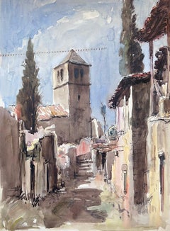 Mid 20th Century French Painting Bell Tower In French Village 