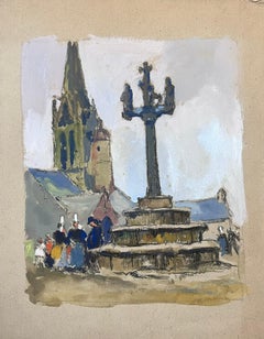 Mid 20th Century French Painting Busy Figures Around The Town Podium