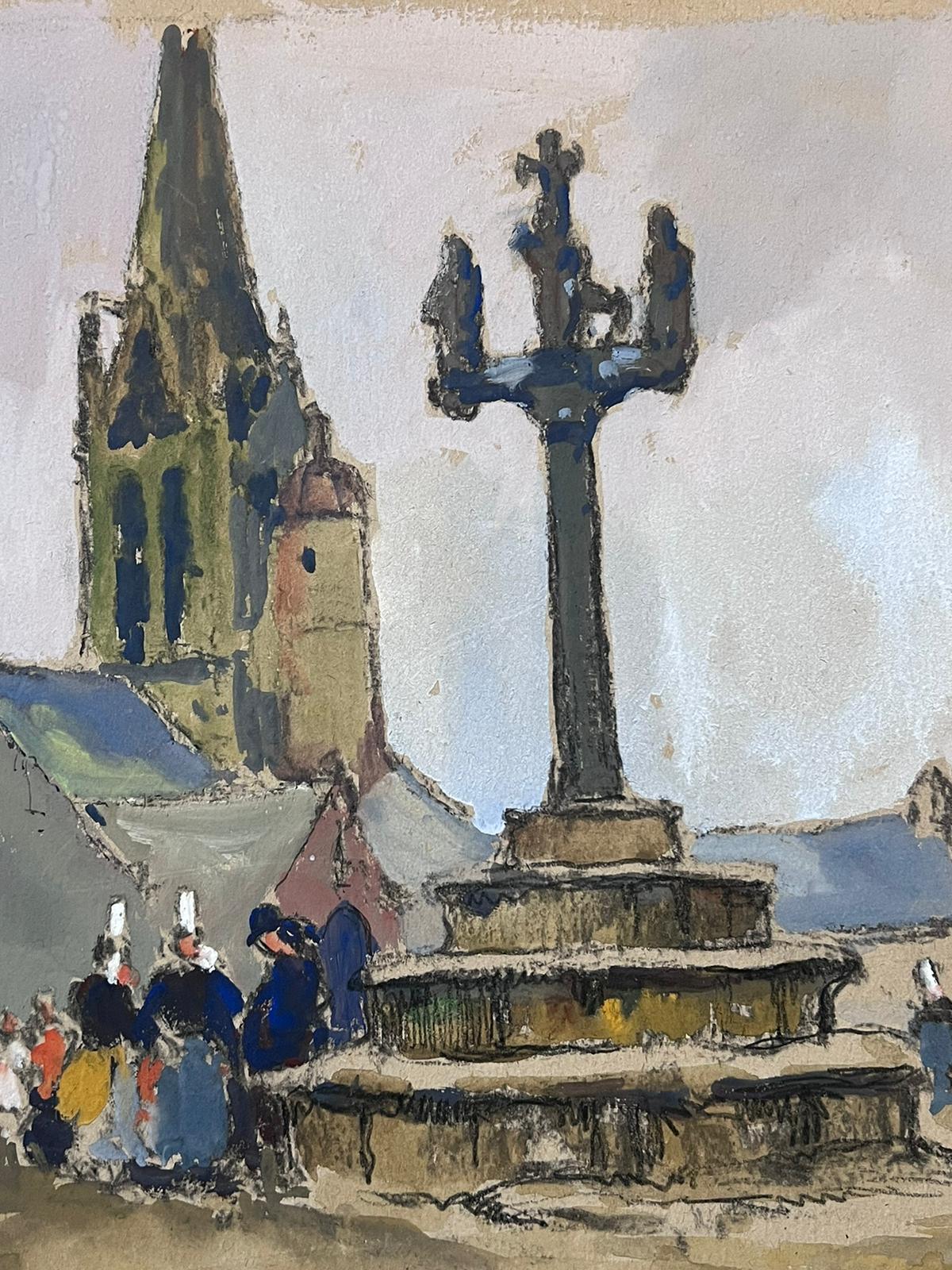 Mid 20th Century French Painting Busy Figures Around The Town Podium For Sale 1