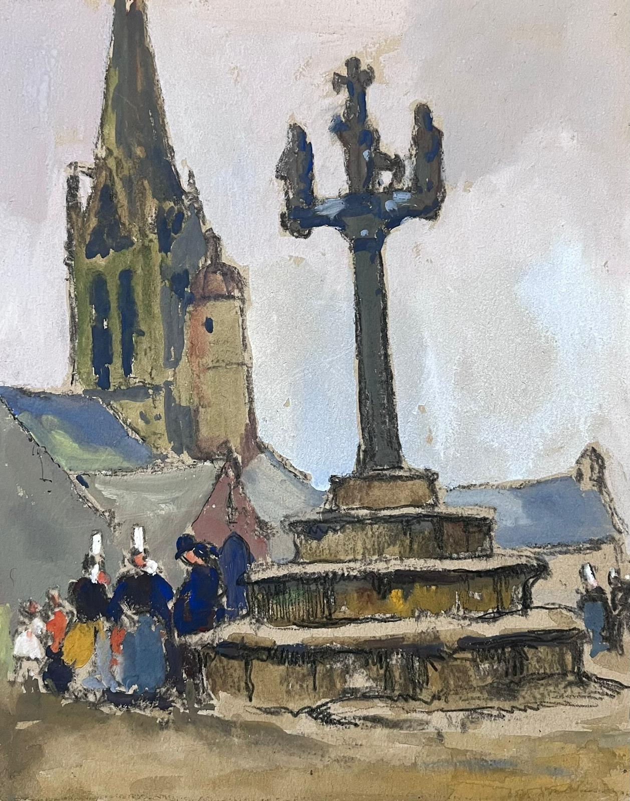 Jean Laforgue Landscape Painting - Mid 20th Century French Painting Busy Figures Around The Town Podium