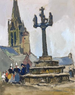 Mid 20th Century French Painting Busy Figures Around The Town Podium