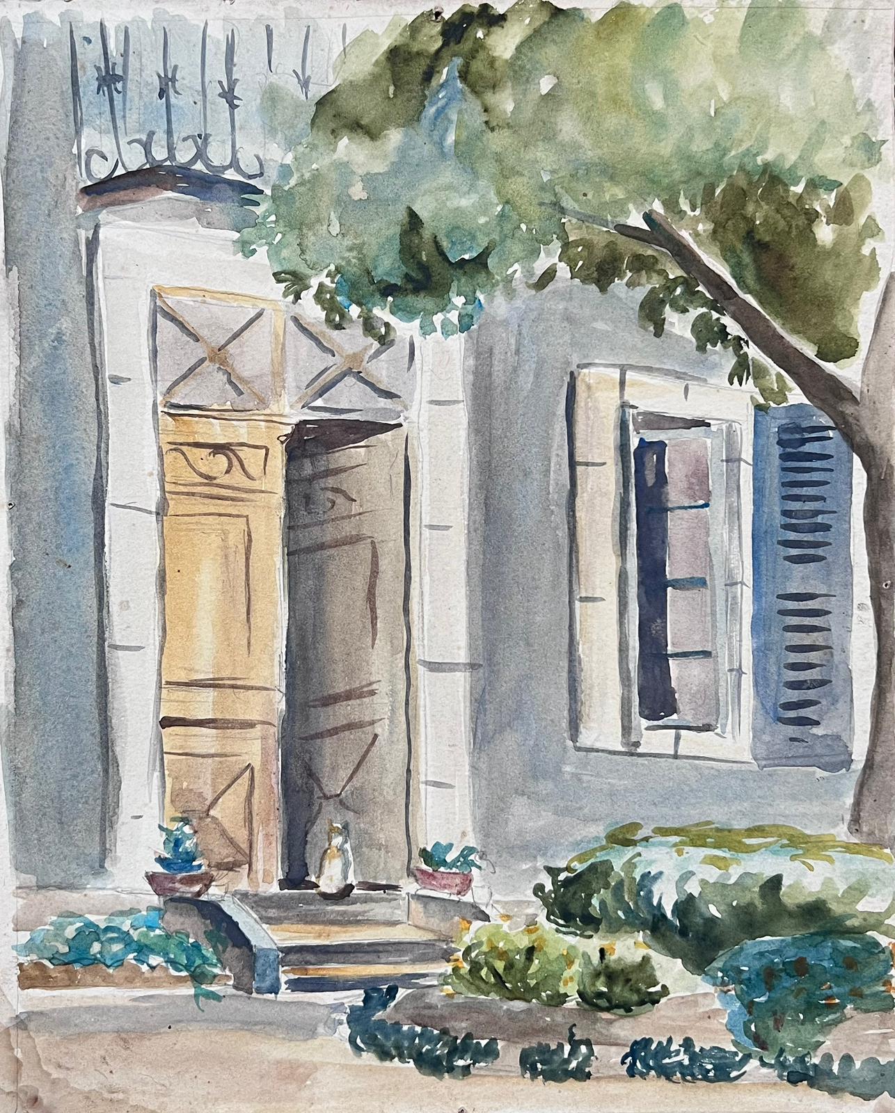 Landscape Art Jean Laforgue - Peinture française du milieu du 20e siècle, chat attendant à la porte du château 