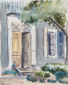 Mid 20th Century French Painting Cat Waiting At Chateau Door 