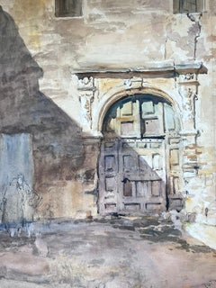 Peinture française du milieu du 20e siècle Esquisse d'une vieille porte en Oak dans la cour