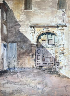 Mid 20th Century French Painting Sketch Of Old Oak Door In Courtyard