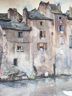 Mid 20th Century French Painting Tall Grey Buildings Over Foggy River