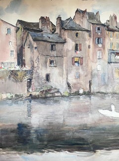 Mid 20th Century French Painting Tall Grey Buildings Over Foggy River