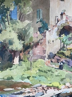 Peinture française du milieu du 20e siècle, petit pont en bois au-dessus d'un cours flottant