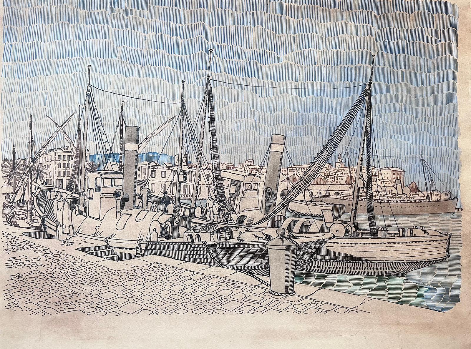 Französisches postimpressionistisches Gemälde des mittleren 20. Jahrhunderts, Detaillierte Boote im Hafen  – Art von Jean Laforgue