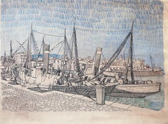 Peinture post-impressionniste française du milieu du 20e siècle représentant des bateaux détaillés dans un port