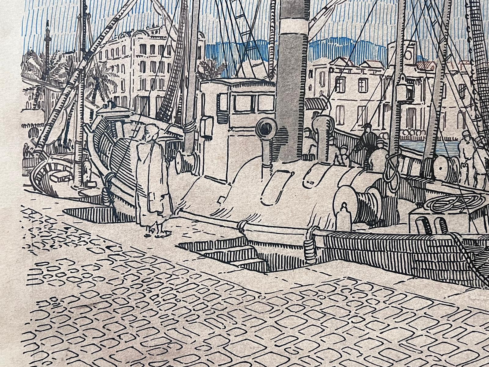 Französisches postimpressionistisches Gemälde des mittleren 20. Jahrhunderts, Detaillierte Boote im Hafen  (Post-Impressionismus), Art, von Jean Laforgue