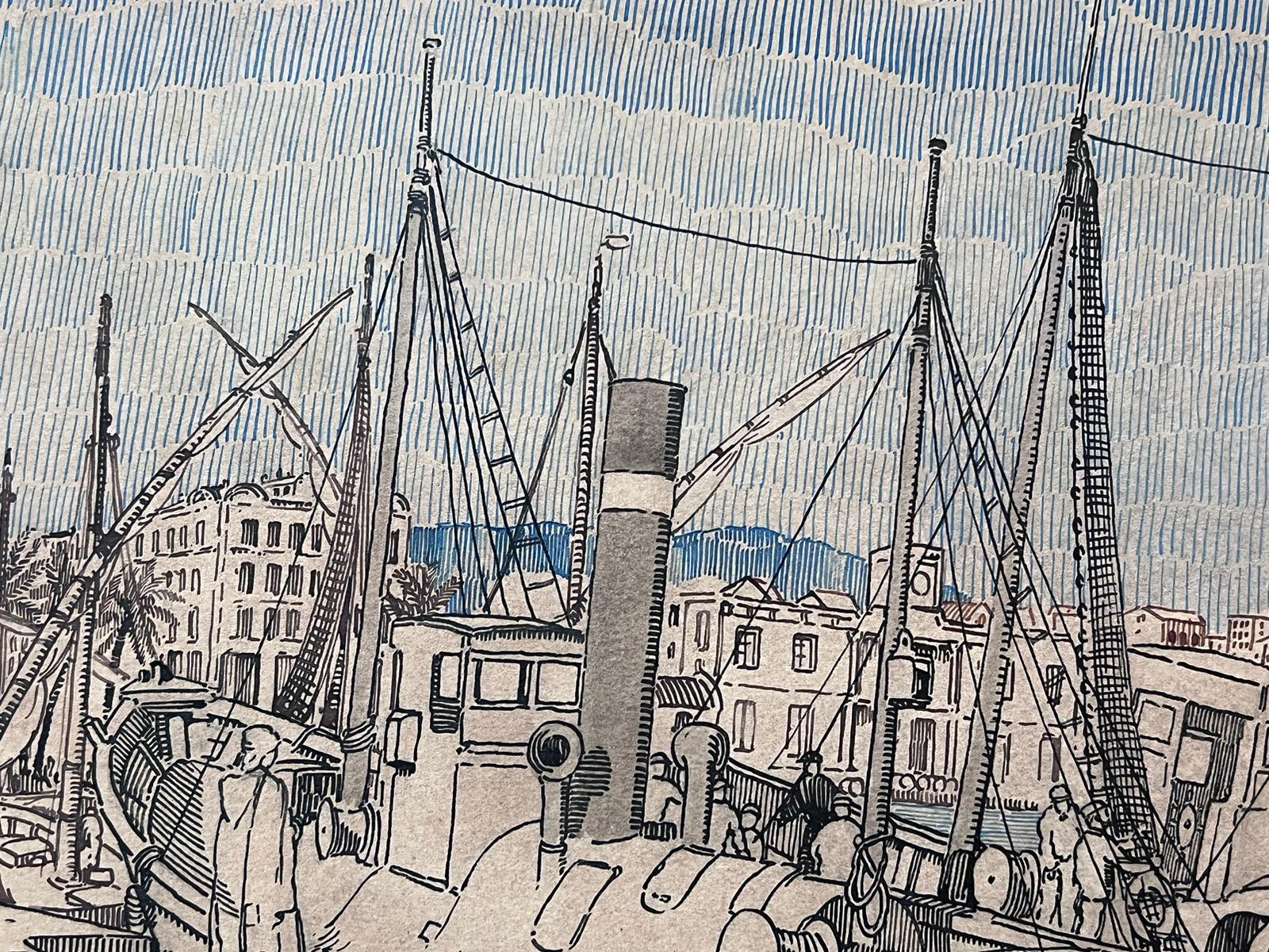 Französisches postimpressionistisches Gemälde des mittleren 20. Jahrhunderts, Detaillierte Boote im Hafen  im Angebot 1