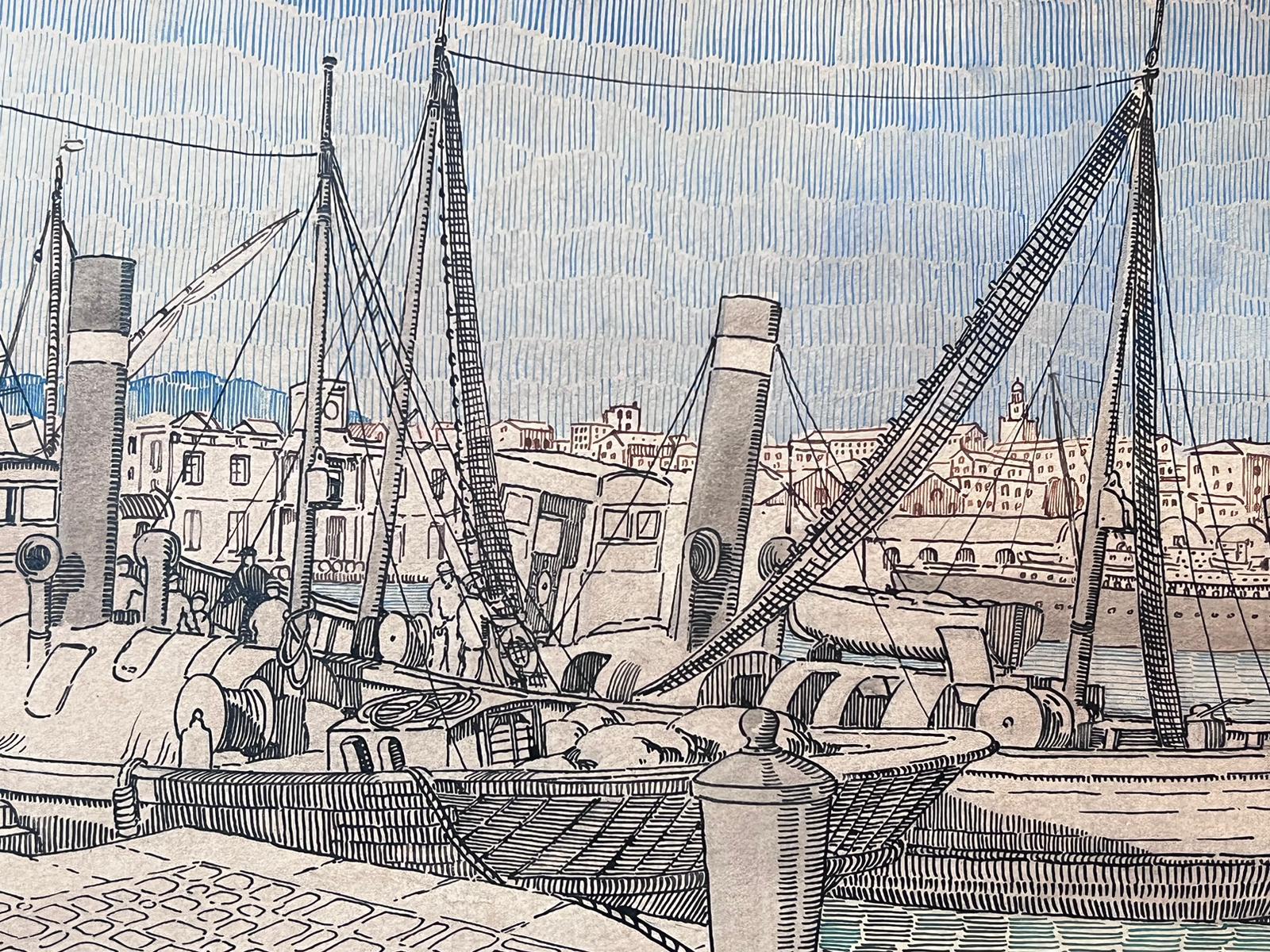 Französisches postimpressionistisches Gemälde des mittleren 20. Jahrhunderts, Detaillierte Boote im Hafen  im Angebot 2