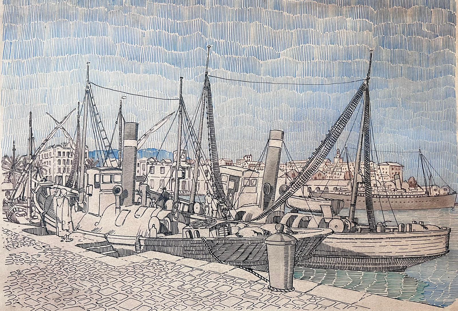 Peinture post-impressionniste française du milieu du 20e siècle représentant des bateaux détaillés dans un port 