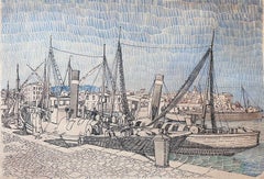 Mid 20th Century French Post Impressionist Painting Detailed Boats At Harbour 