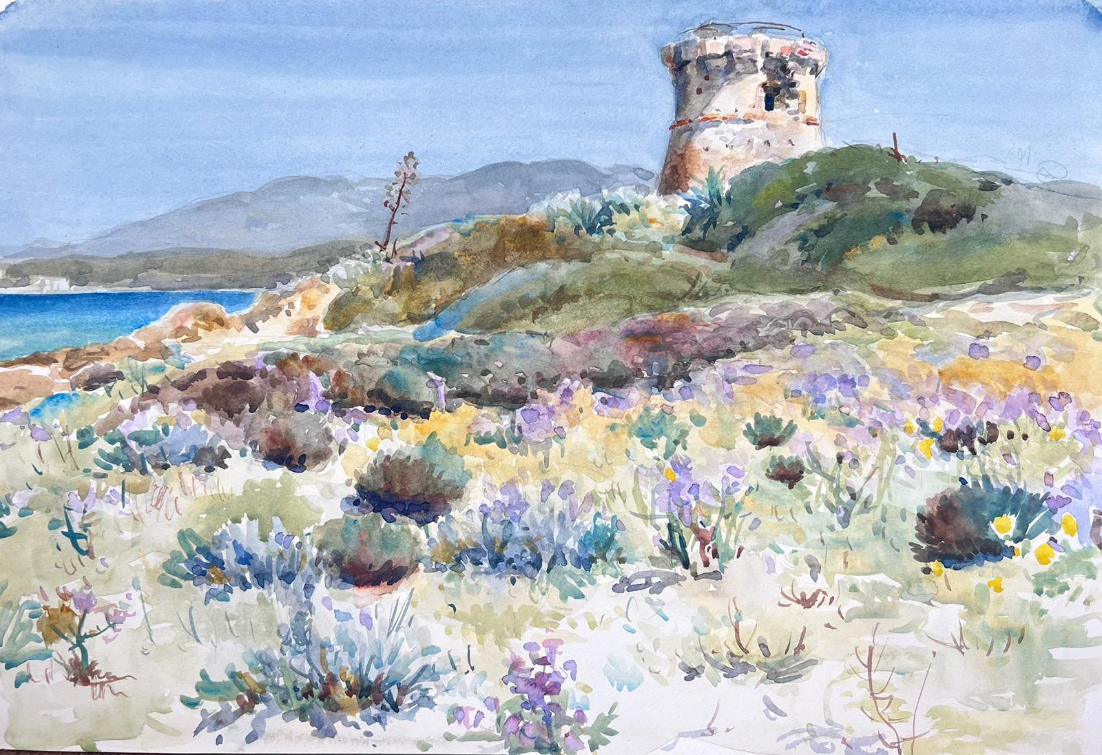 Landscape Painting di Jean Laforgue - Pittura post impressionista francese della metà del XX secolo Collina floreale lungo la spiaggia