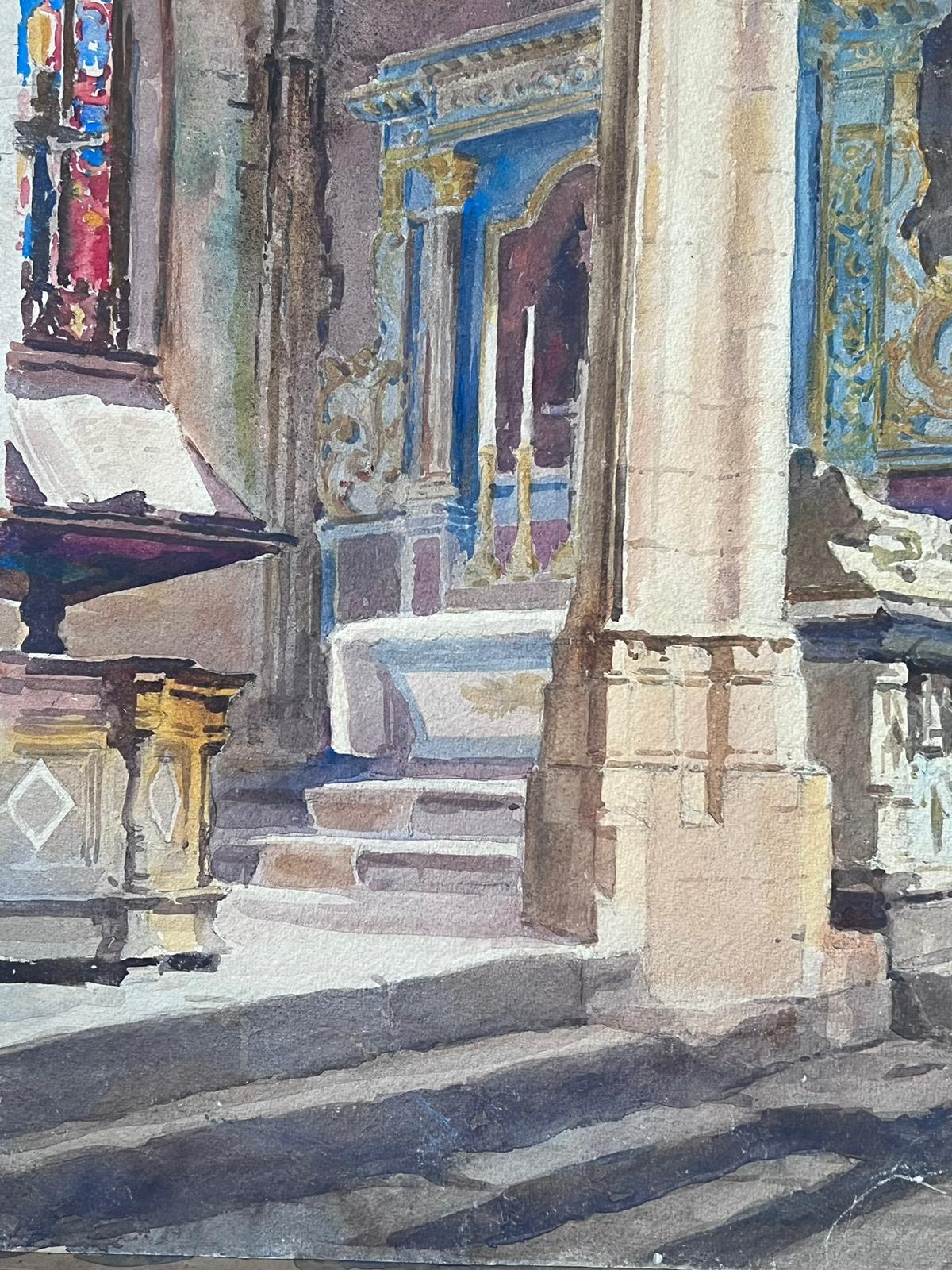 Mid 20th Century French Post Impressionist Painting Interior Of A French Church For Sale 1