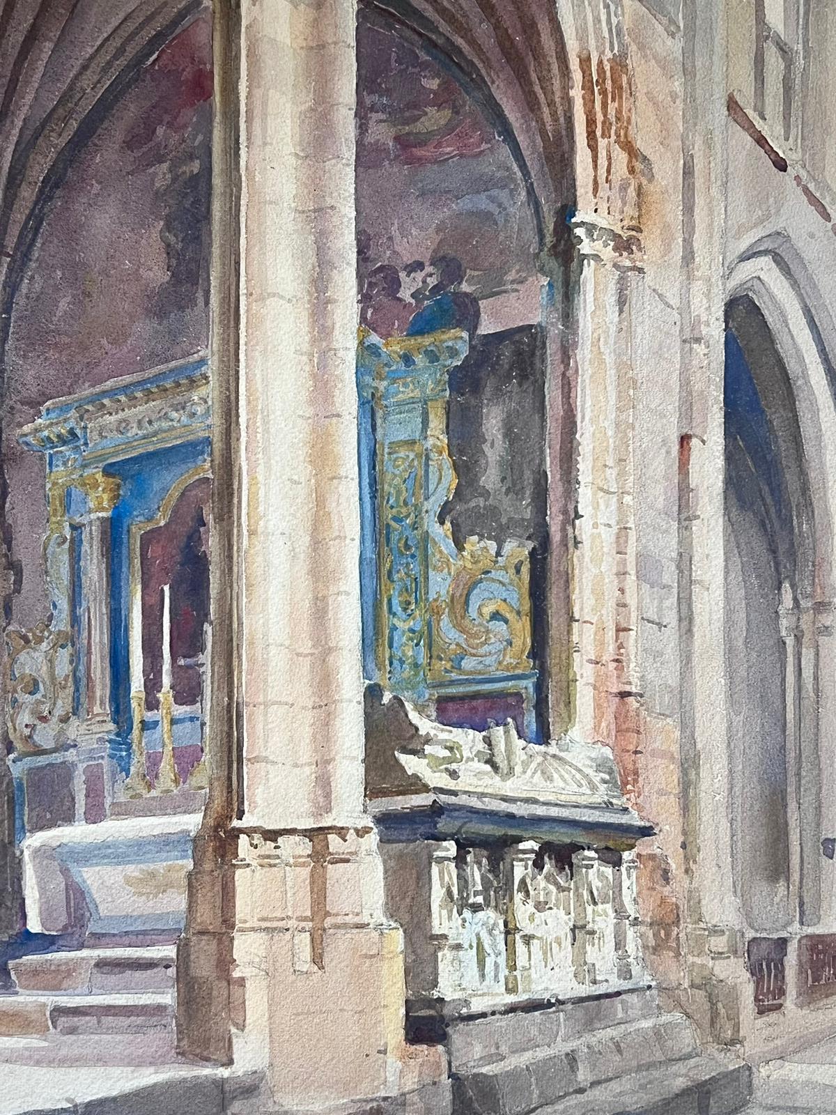 Mid 20th Century French Post Impressionist Painting Interior Of A French Church For Sale 4