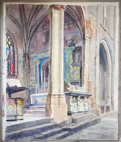 Mid 20th Century French Post Impressionist Painting Interior Of A French Church