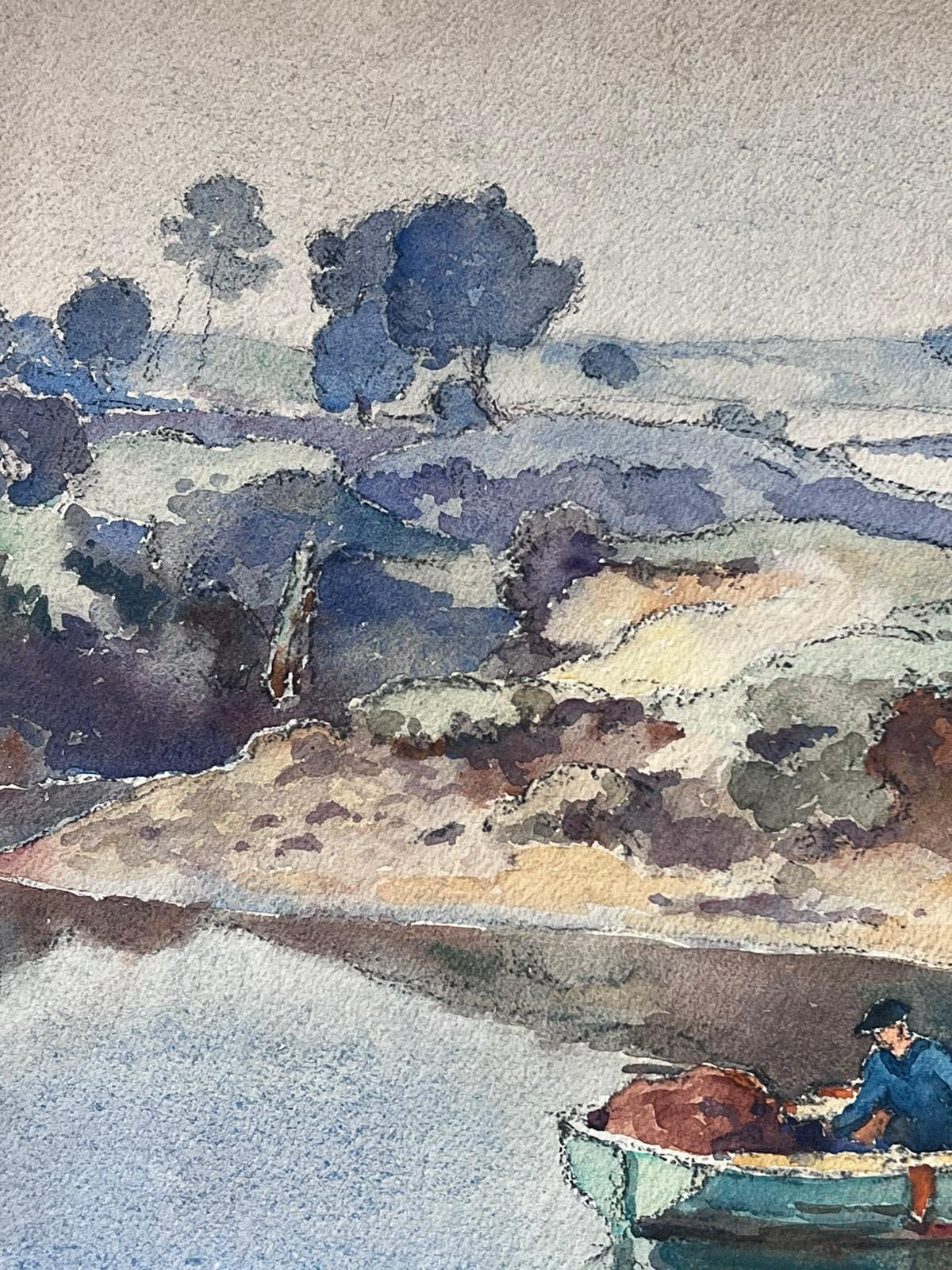 Mitte des 20. Jahrhunderts Französisch Post Impressionist Gemälde Mann Rudern auf leeren See – Art von Jean Laforgue