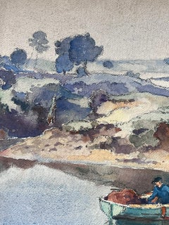 Mid 20th Century French Post Impressionist Painting Man Rowing On Empty Lake