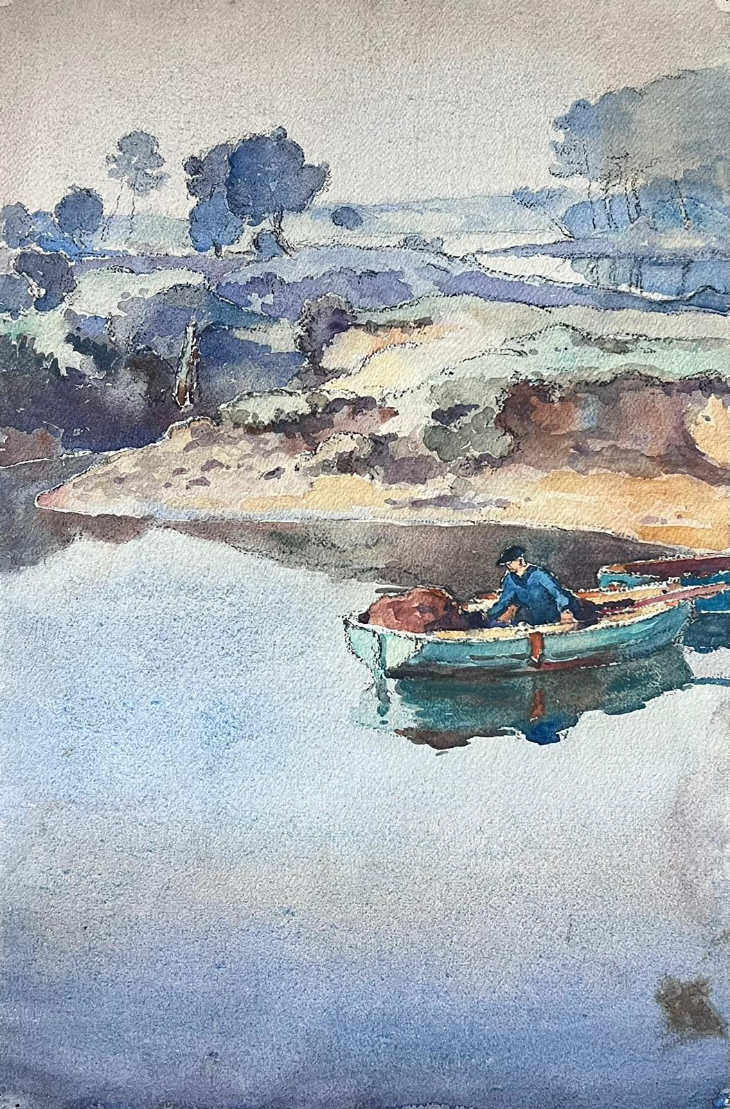 Jean Laforgue Landscape Art – Mitte des 20. Jahrhunderts Französisch Post Impressionist Gemälde Mann Rudern auf leeren See