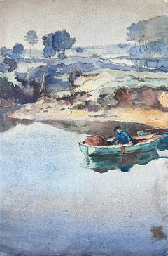 Mid 20th Century French Post Impressionist Painting Man Rowing On Empty Lake