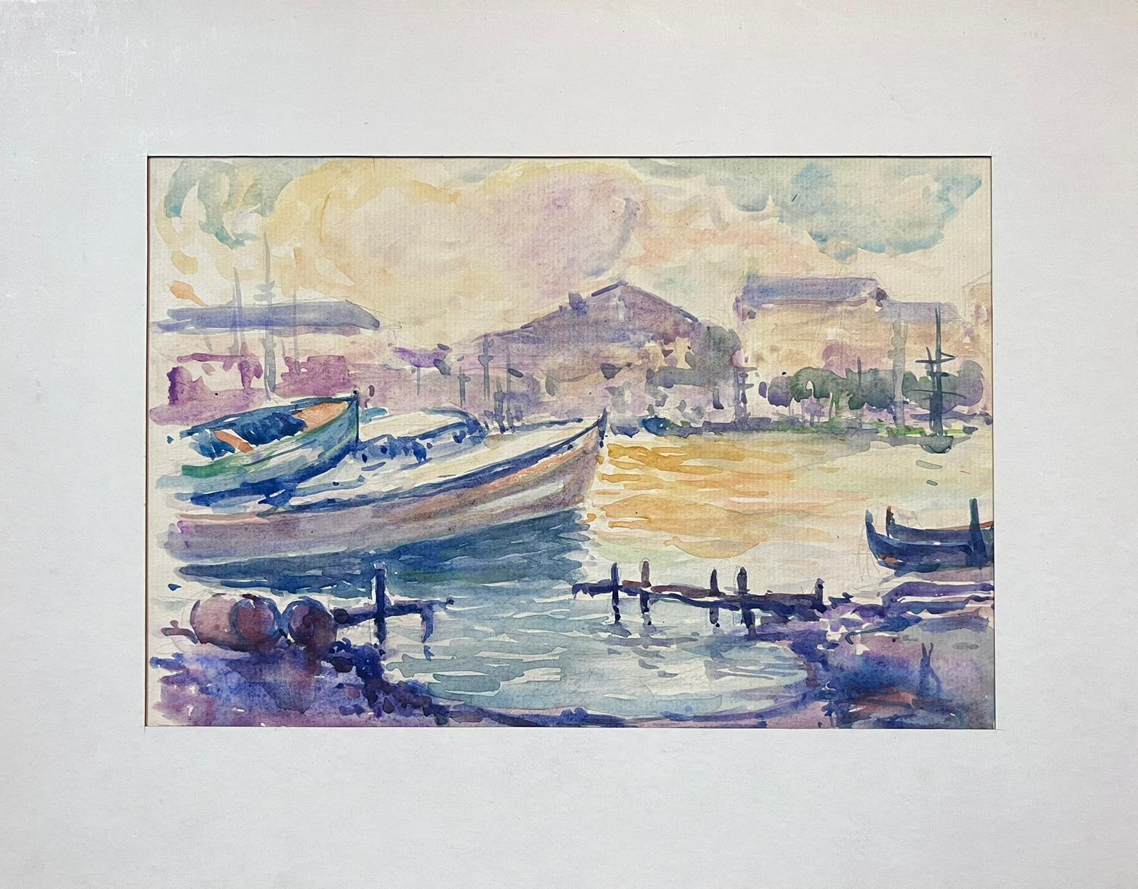 Mid 20th Century French Post Impressionist Painting Pastel Colour Boat Dock - Art by Jean Laforgue