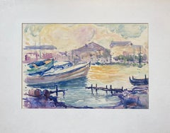 Mid 20th Century French Post Impressionist Painting Pastel Colour Boat Dock
