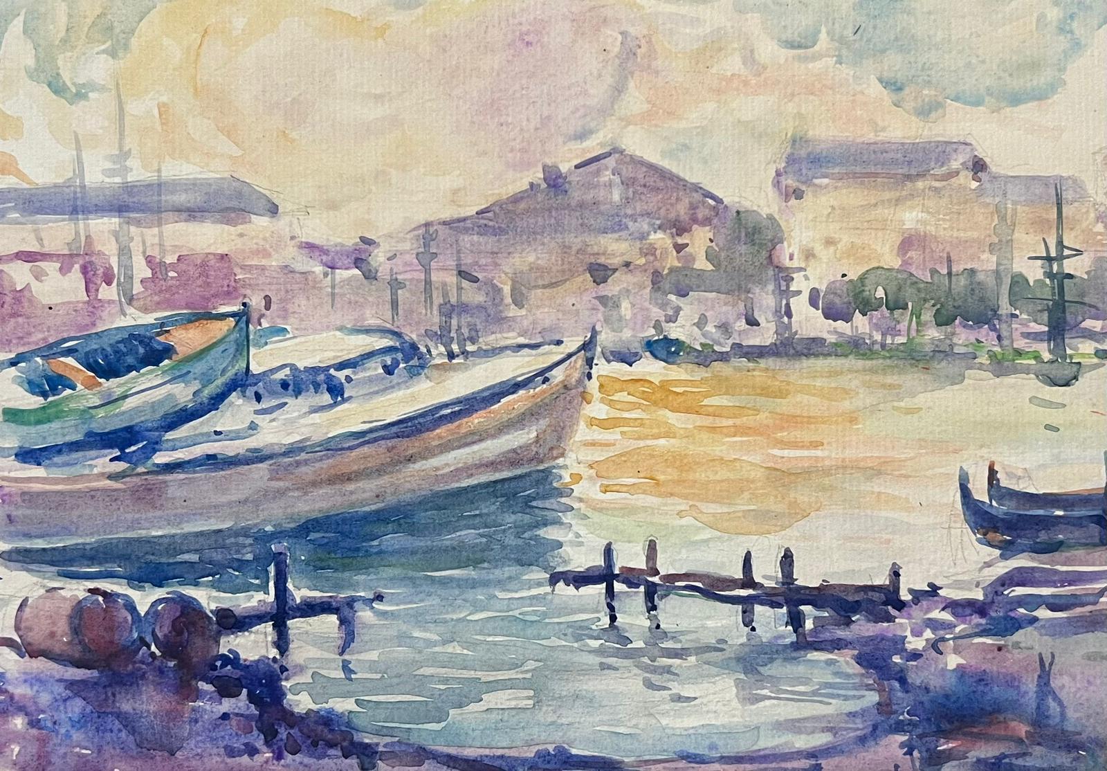 Jean Laforgue Landscape Art - Mid 20th Century French Post Impressionist Painting Pastel Colour Boat Dock