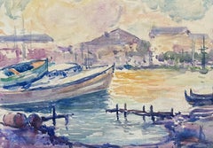 Mid 20th Century French Post Impressionist Painting Pastel Colour Boat Dock
